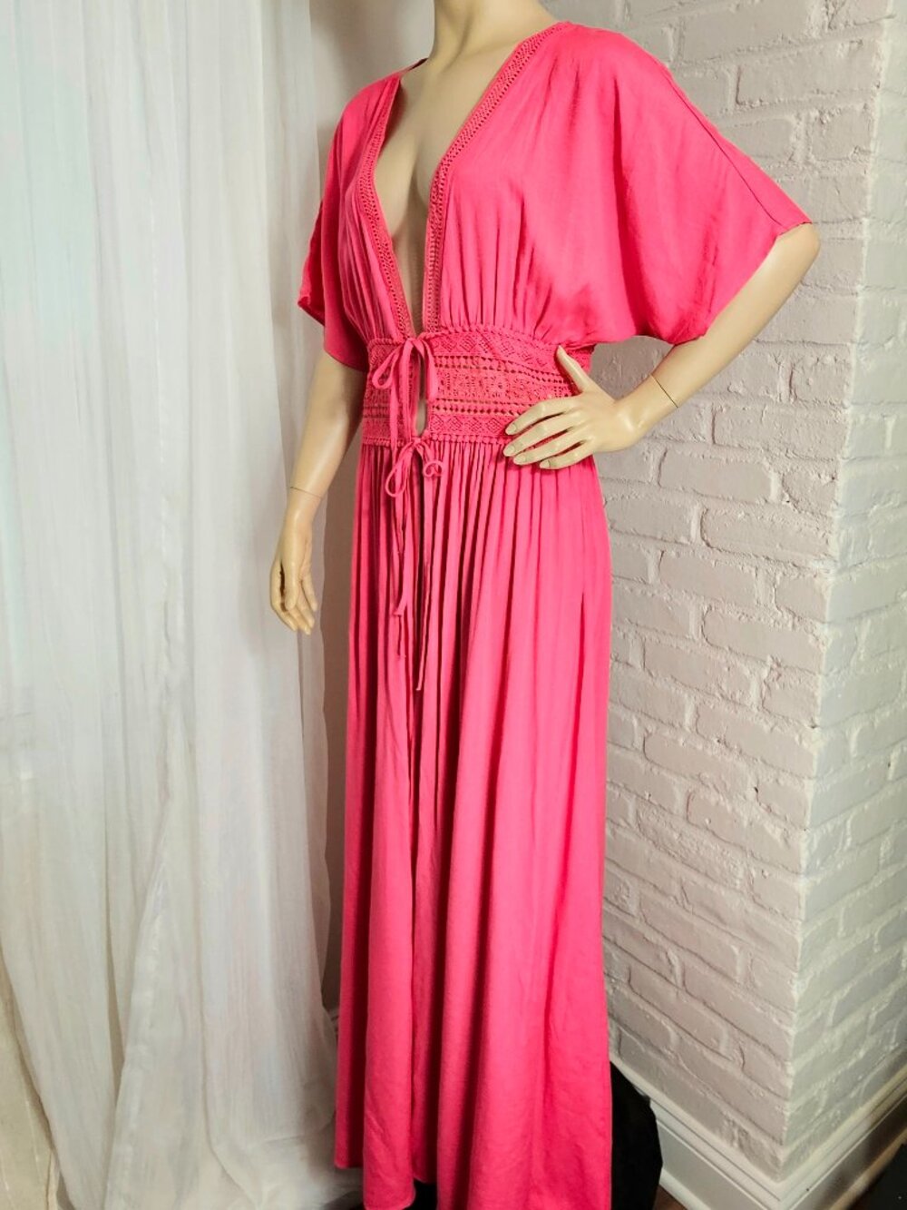 Petal Roz Snooki Shop NWT Pink Maxi Wrap Dress Cover Up Crochet Waist L - Picture 9 of 14